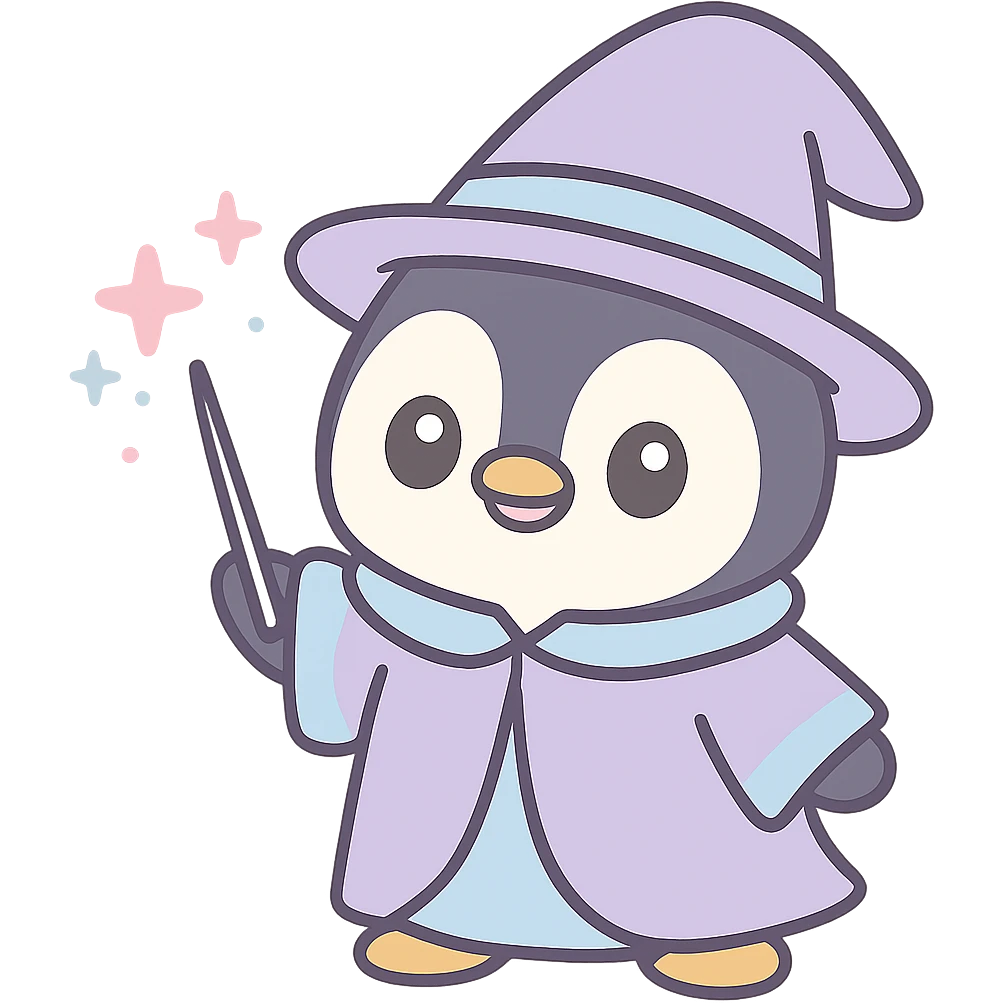 cartoon penguin dressed as a wizard, holding a wand, with a sparkling magical aura emoji