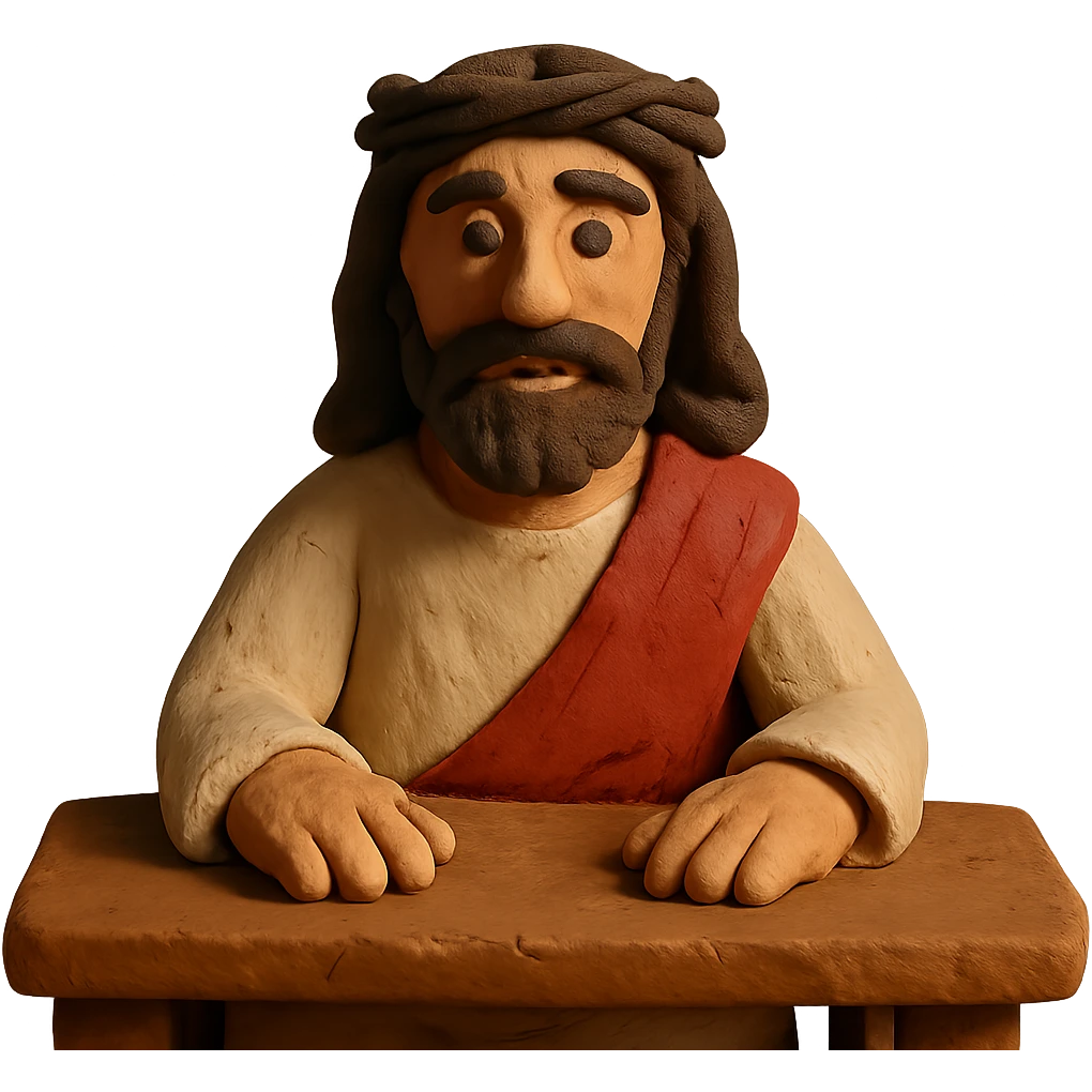 claymation style Jesus sitting at a table emoji