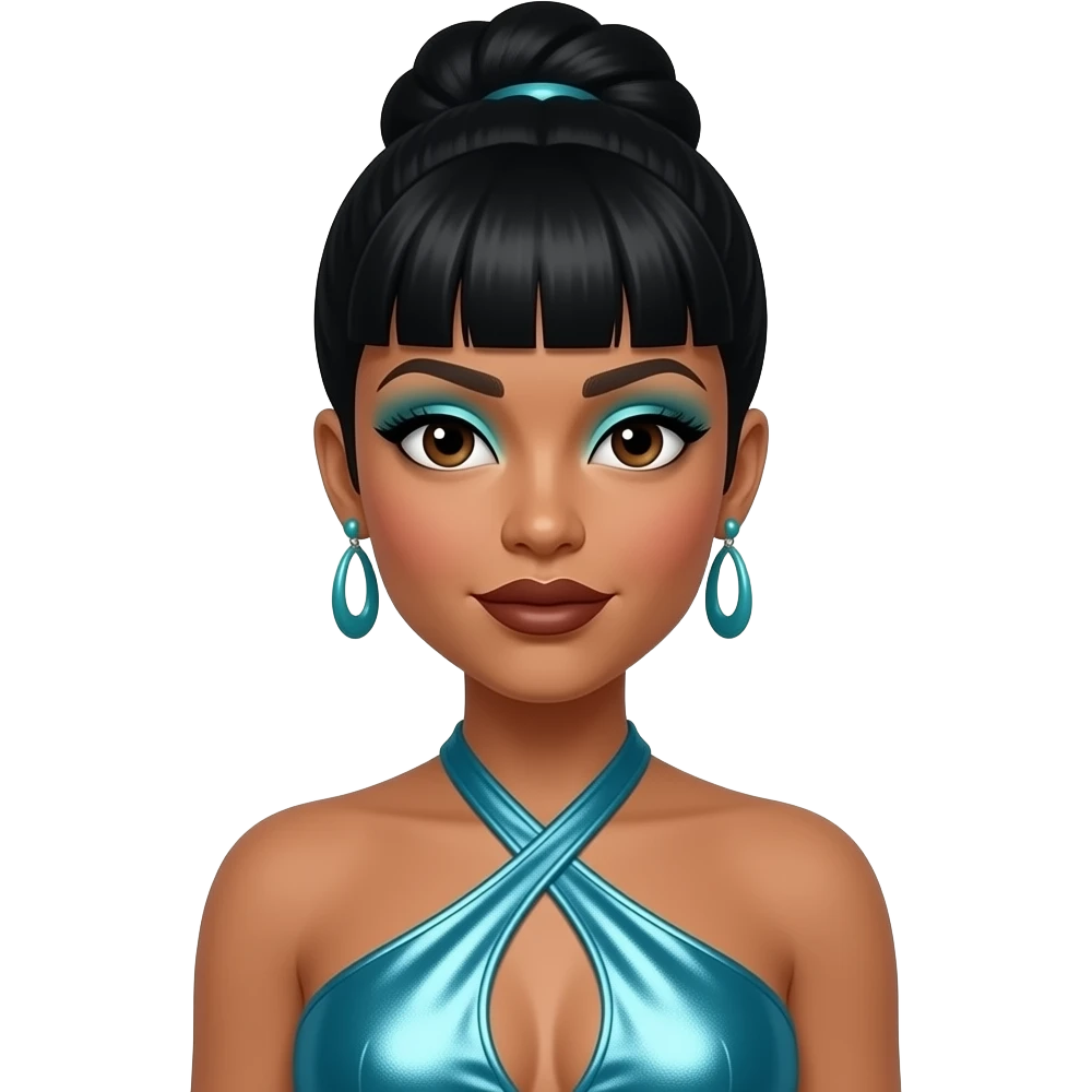 Lisa Left Eye Lopes from TLC with dark brown eyes, black 90s updo hair with bang, cyan eyeshadow, dark brown lipstick, cyan metallic halter dress, cyan earrings emoji