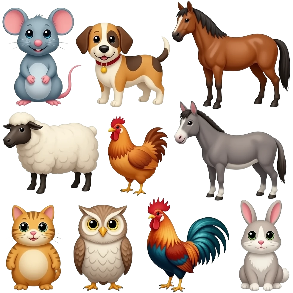 Duck, mouse, dog, horse, sheep, chicken, donkey, pig, goat, cat, owl, rooster, rabbit emoji