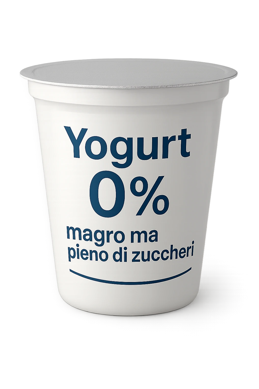 confezione di Yogurt 0% con la scritta "Yogurt 0% magro ma pieno di zuccheri" sull'etichetta emoji