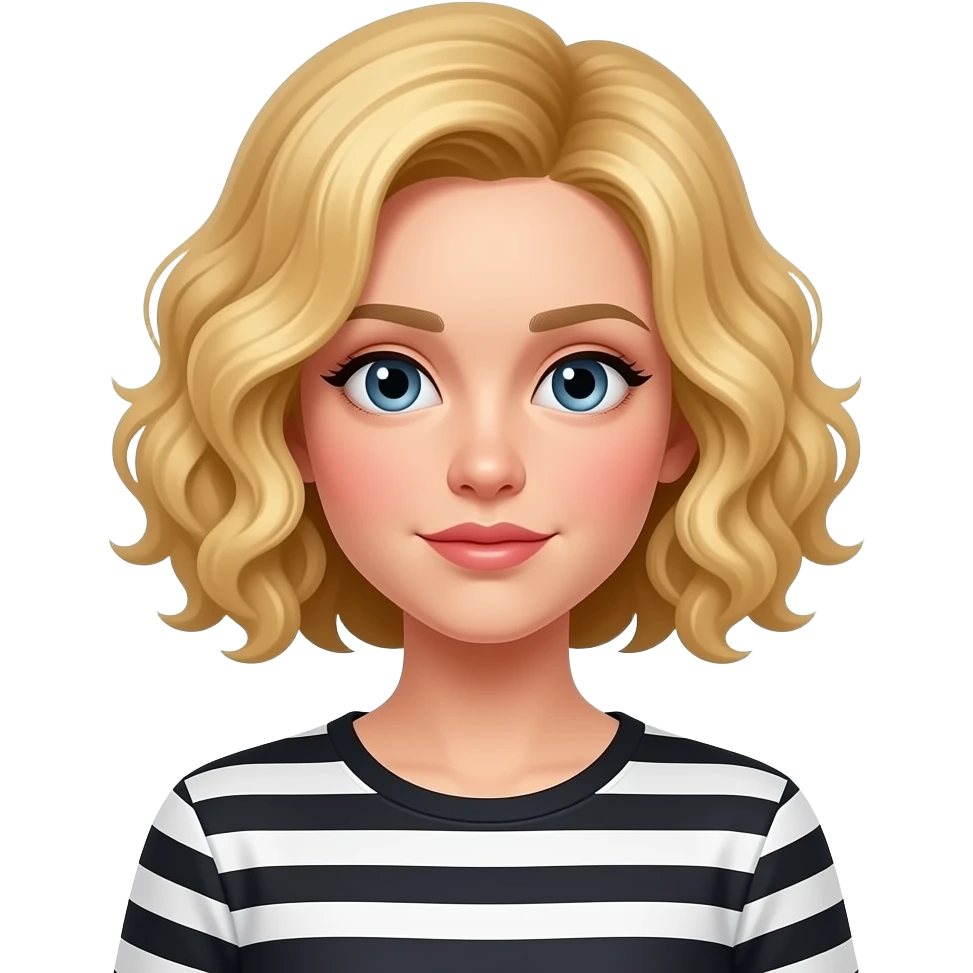 blonde curly bob red cheeks shyly in a black and white stripe shirt emoji
