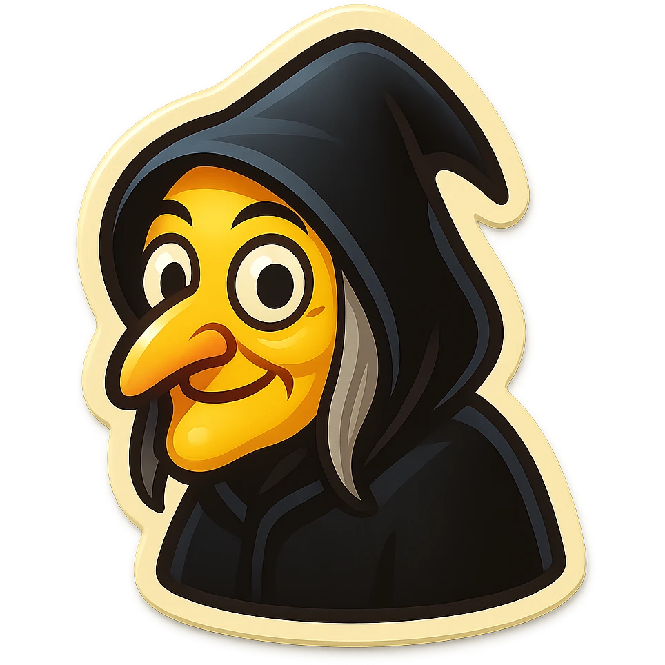 simple old witch emoji with pointy nose, big eyes, black cloak, playful cartoon style emoji