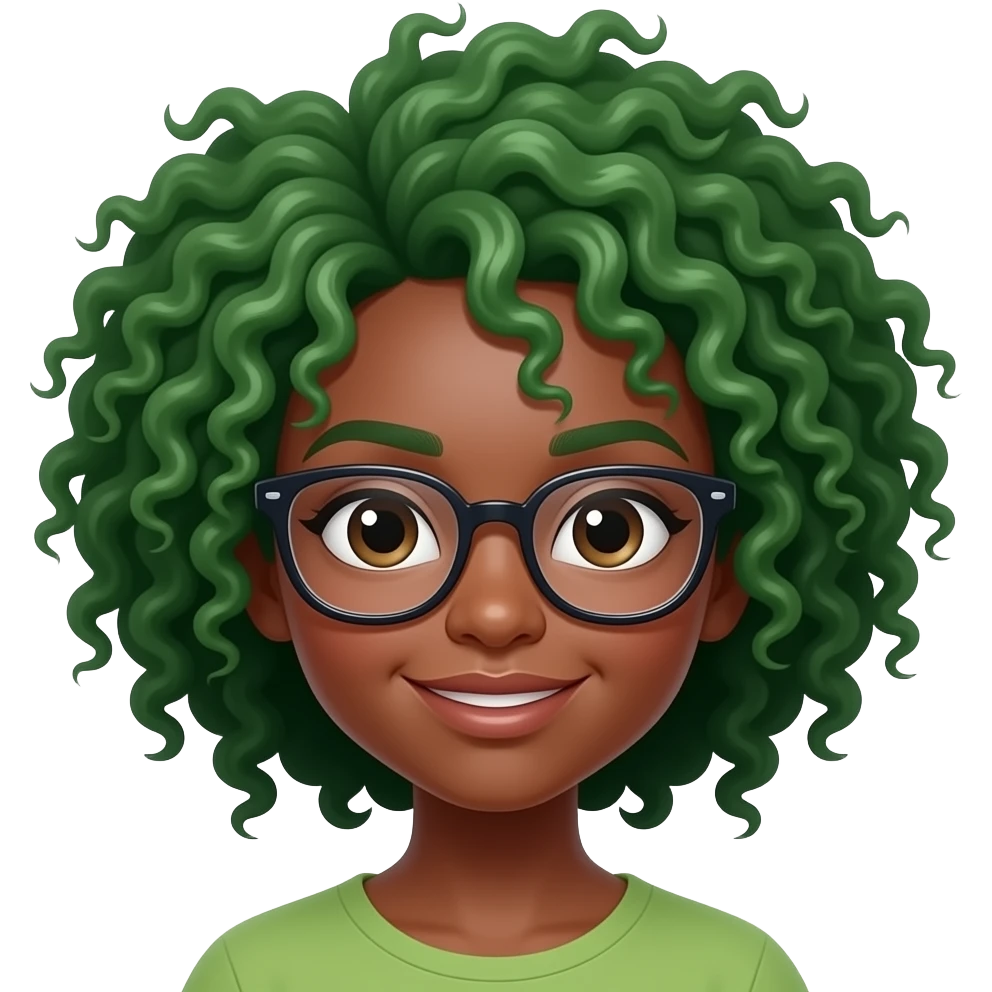 dark skin girl with curly green hairs and wear eye glasses emoji