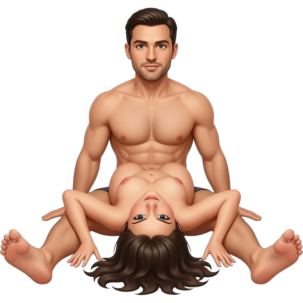a naked man and a naked woman in an intimate pose, the woman lying with her legs spread, the man between her legs pussy emoji