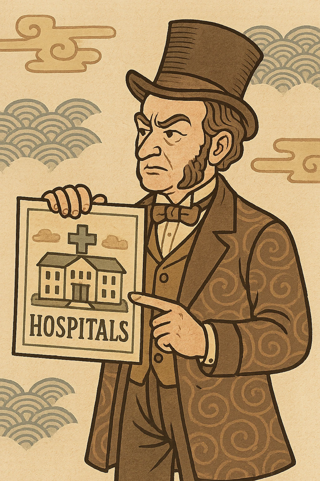 A VICTORIAN politician holding a poster about hospitals emoji