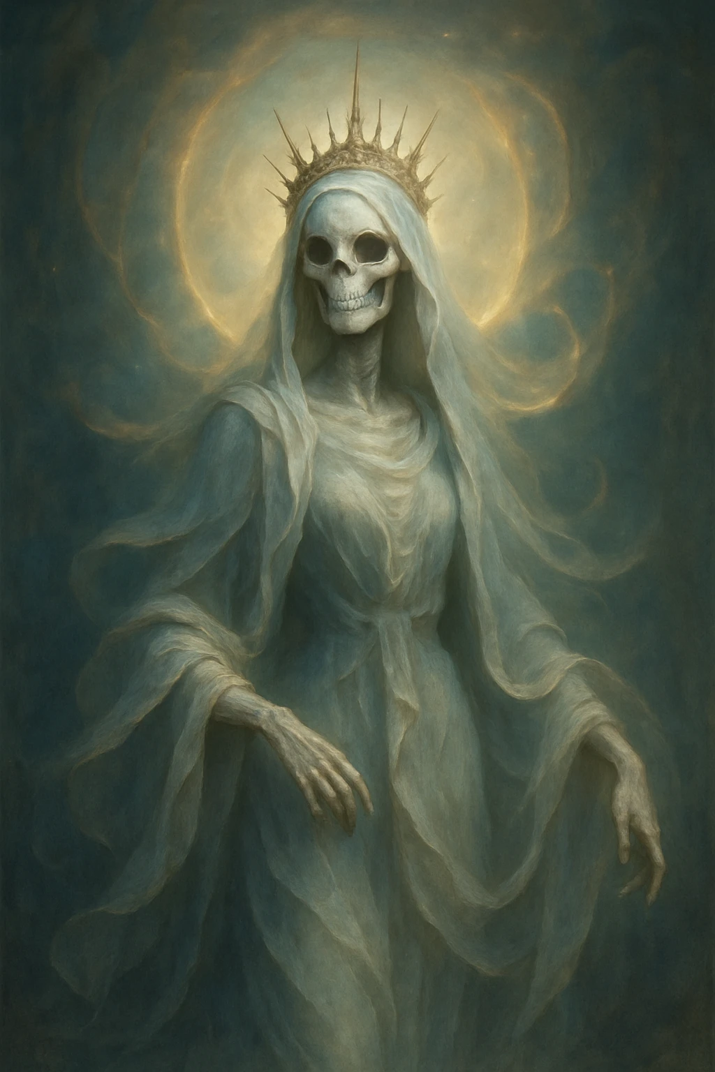goddess skeleton, elegant, ethereal, fantasy, flowing robes, glowing aura emoji