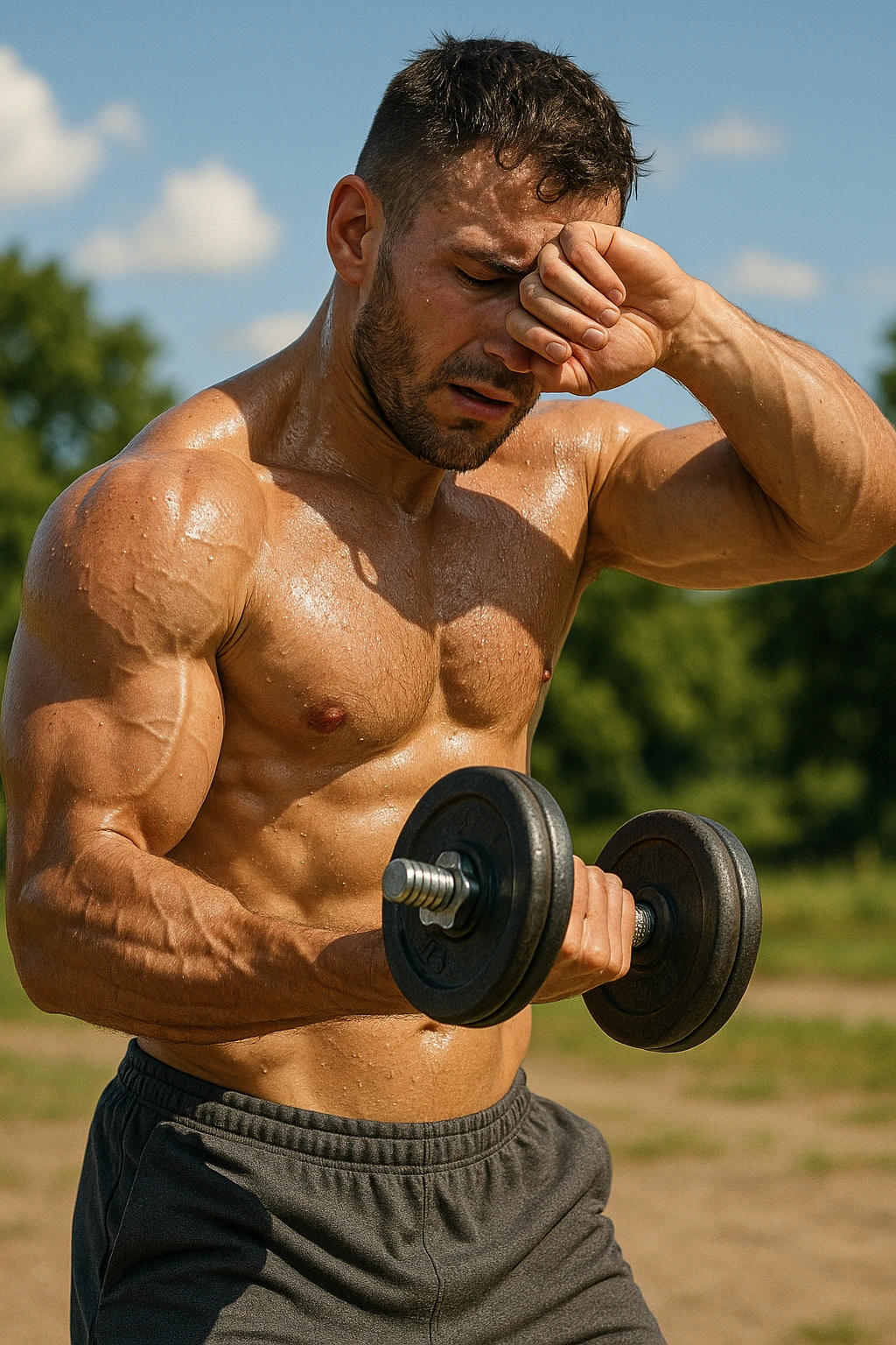 uomo fitness che si allena in estate, tutto sudato, con una mano fa un curl manubri mentre con l'altra mano si asciuga il sudore dalla fronte, espressione affaticata in volto emoji