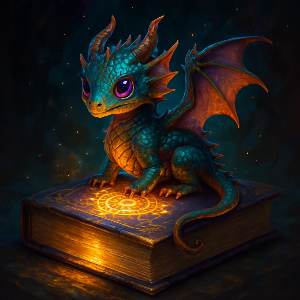tiny magical dragon perched on a glowing spellbook, fantasy style, enchanting and detailed emoji