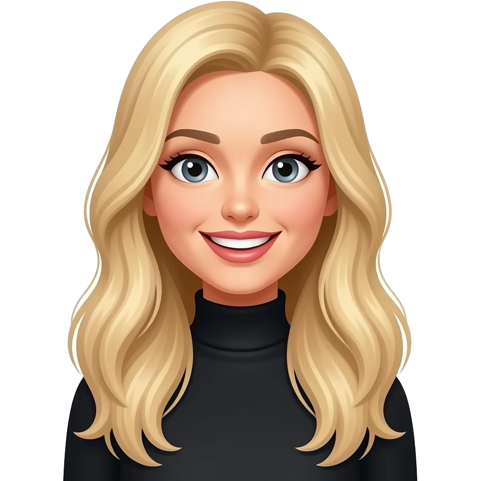 LF - slim, blonde verylong hair, make up, black turtle neck top, slim, big smile emoji