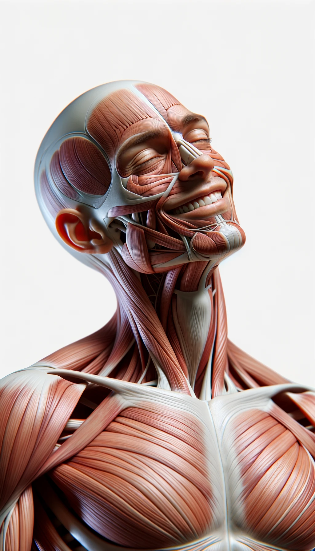 corpo umano anatomico a figura intera che sorride rilassato, iperrealistico 4k, isolato su sfondo bianco emoji