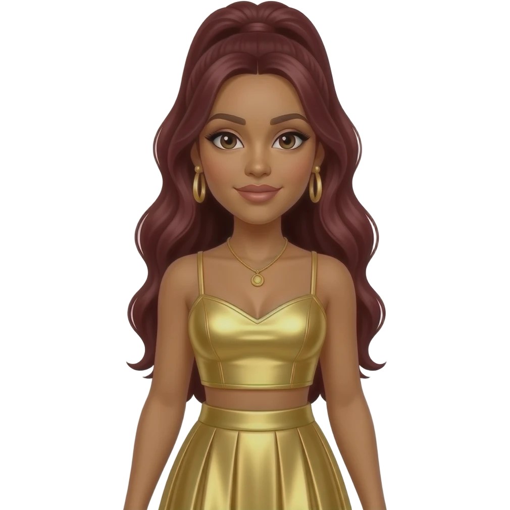 LaTavia Roberson from Destiny's Child with brown eyes, long dark red high ponytail hair, gold metallic sweetheart crop top, gold metallic long skirt, necklace and earrings emoji
