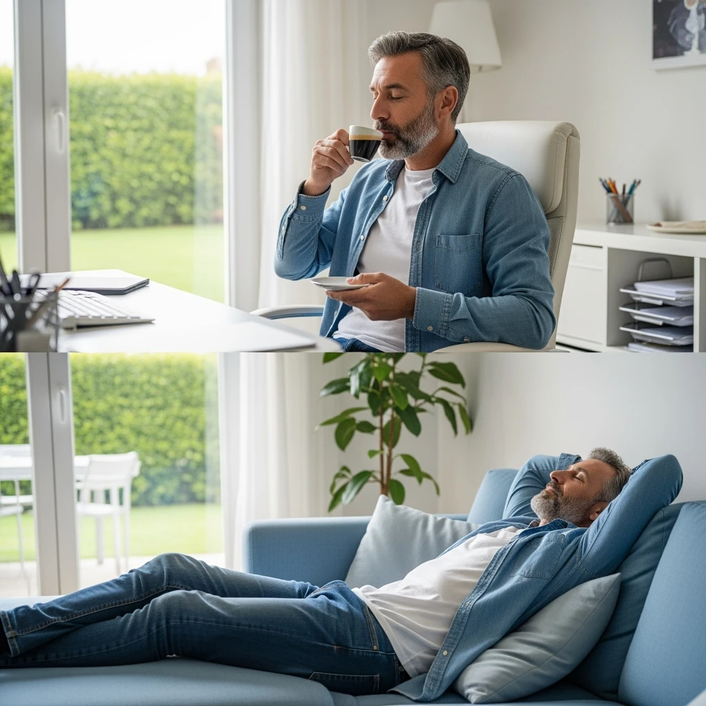 Uomo adulto in abiti casual in un ambiente domestico o ufficio tranquillo, mentre beve un caffè espresso con espressione consapevole. Subito dopo, si sdraia su un divano per un breve riposo di 20 minuti, occhi chiusi, posizione rilassata.  emoji