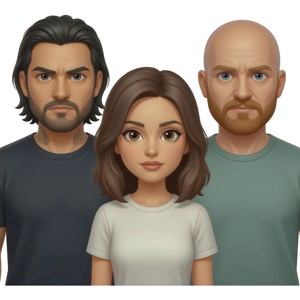 An angry Latino husband with medium length hair and beard and tattoos found out his wife was cheating on him with a bald, red bearded guy, and his wife is beautiful with hazel eyes and shoulder length brown hair and their relationship is broken emoji