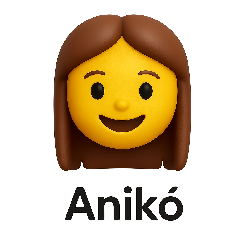 3D smiley emoji, girl style, long hair, smiling face, with the name 'Anikó' below in printed letters emoji