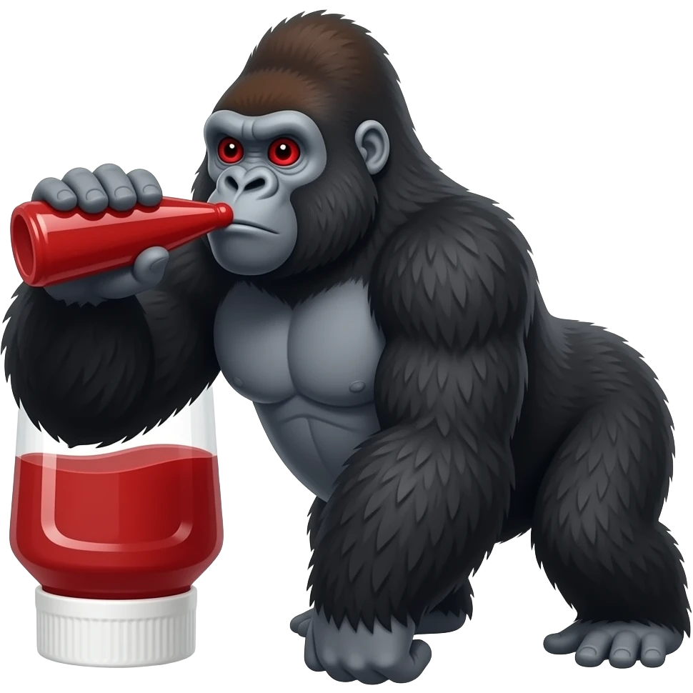 Faza um gorila com olhos vermelho bbendo ketchup c emoji
