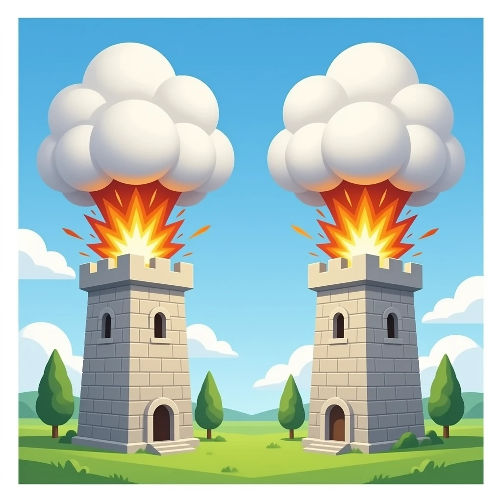 Two identical square towers exploding with planes emoji