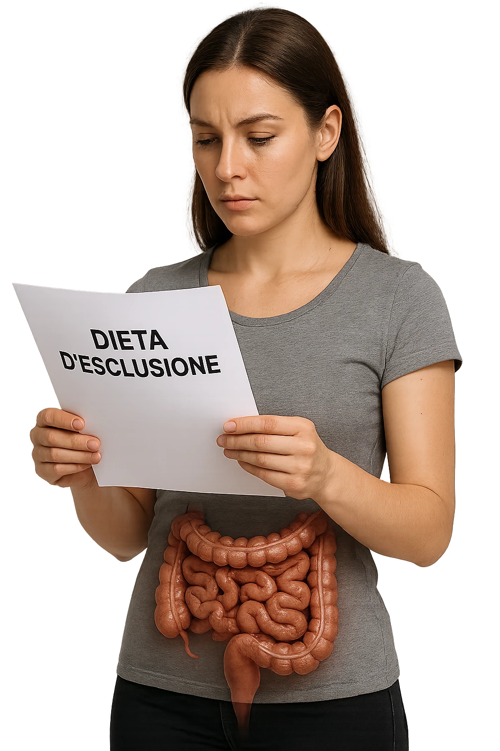 donna con intestino umano anatomico in evidenza che legge un foglio con la scritta "DIETA D'ESCLUSIONE, iperrealistica 4k emoji