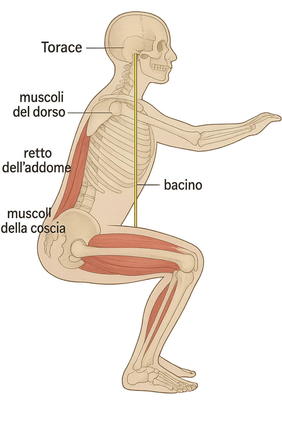 side view of a human figure performing a squat, with transparent overlays showing the skeletal structure. A straight line or highlighted axis connects the pelvis (bacino) and the ribcage (torace), demonstrating correct alignment. Key muscles involved in maintaining posture are labeled. Clean, educational style, white background. emoji