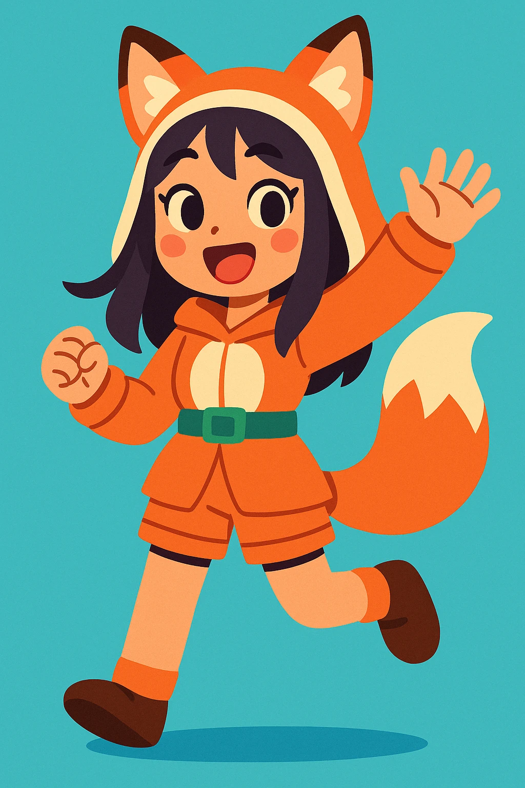 Asian girl with animal ears and tail, therian outfit, cheerful, cute style emoji