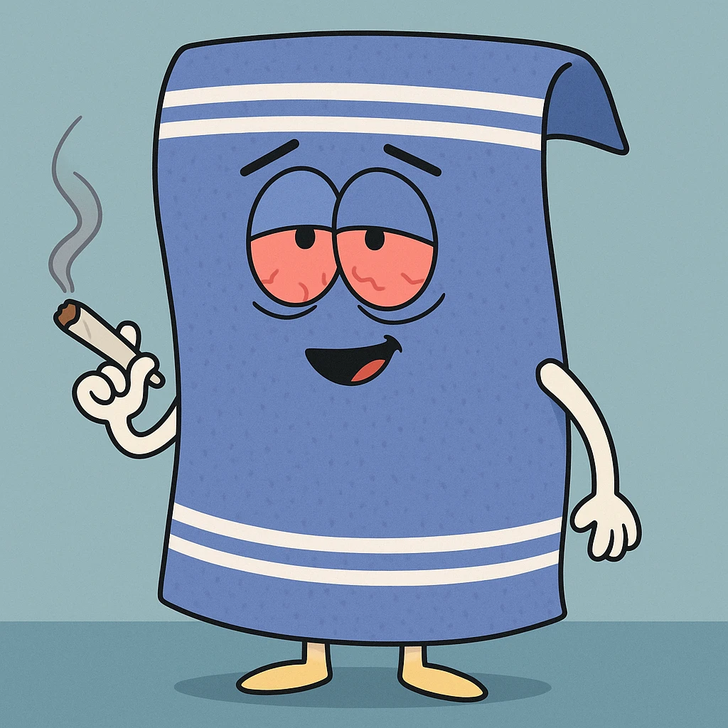 humorous blue towel character inspired by South Park, with a joint and red eyes emoji