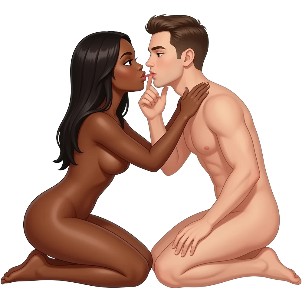 Naked Lightskin black woman with long straight hair on her knees sucking a naked skinny white man, both naked emoji