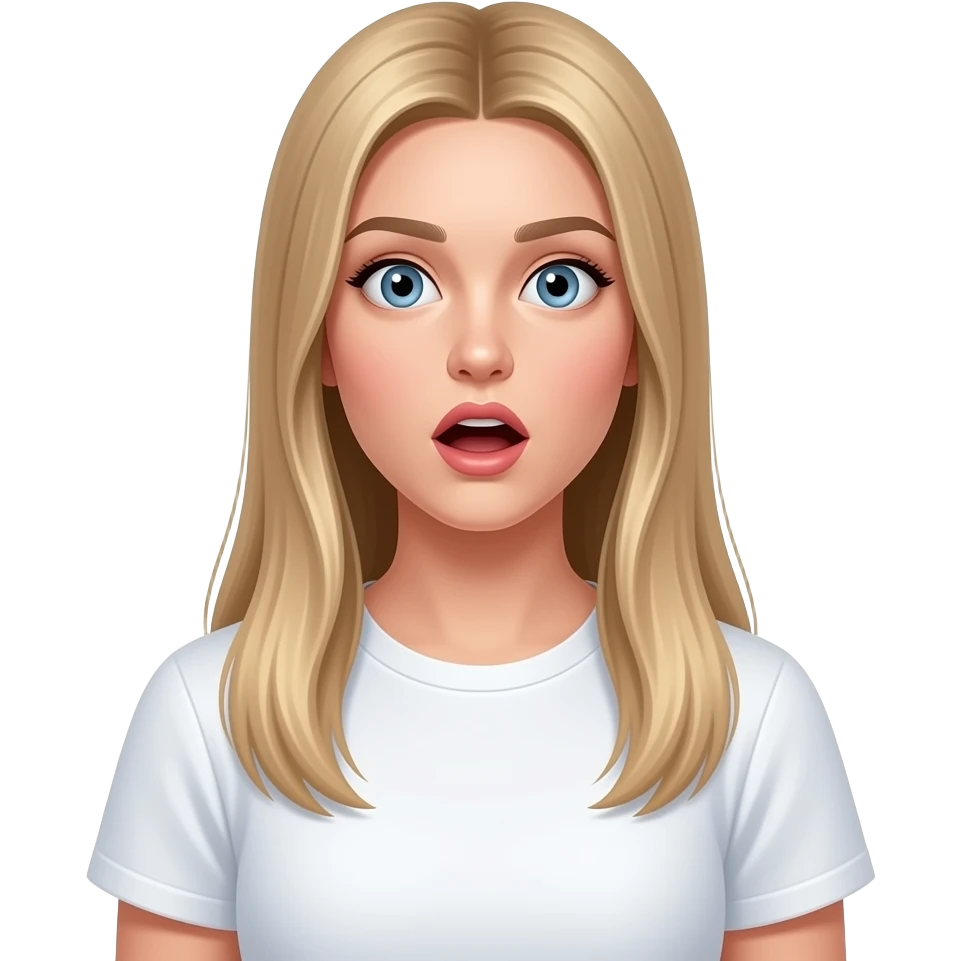 bella ragazza russa bionda capelli lisci lunghi e occhi chiari, con maglietta bianca. scioccata stupita emoji