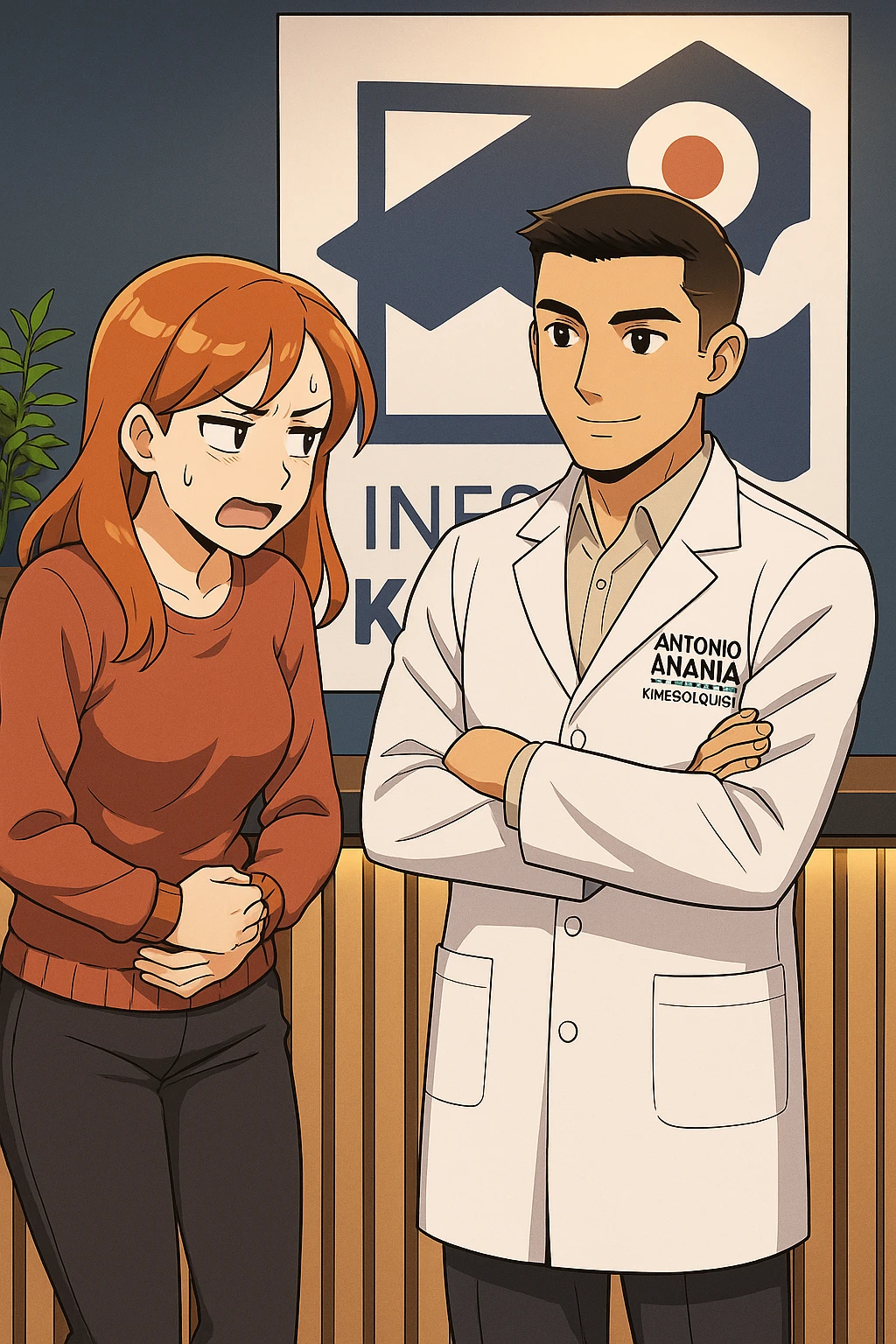 su questo stile fai un manga/webtoon a colori in cui una donna che parla esasperata dal suo problema, l'uomo della foto in stile manga gli risponde, mantieni un ambiente simile alla foto che ho allegato con il suo logo (sarebbe il suo studio, lui è un kinesiologo), scrivigli "ANTONIO ANANIA" sul camice bianco, non mettere fumetti, ma fai in modo che sembri che la donna chiede una cosa e l'uomo risponde alla sua domanda emoji