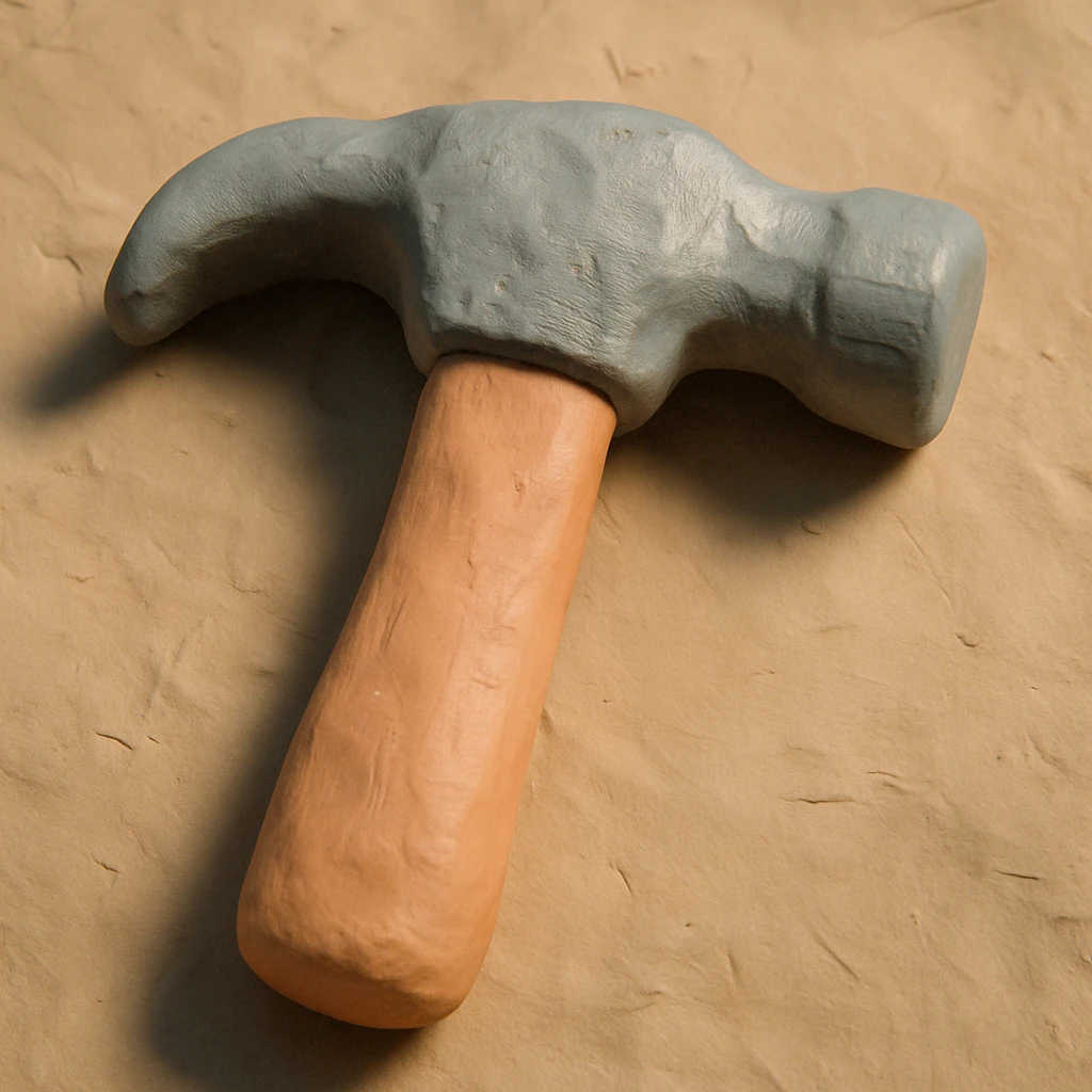 A claymation hammer with a wooden handle and a metallic head, matte texture with visible fingerprints, pastel colors emoji