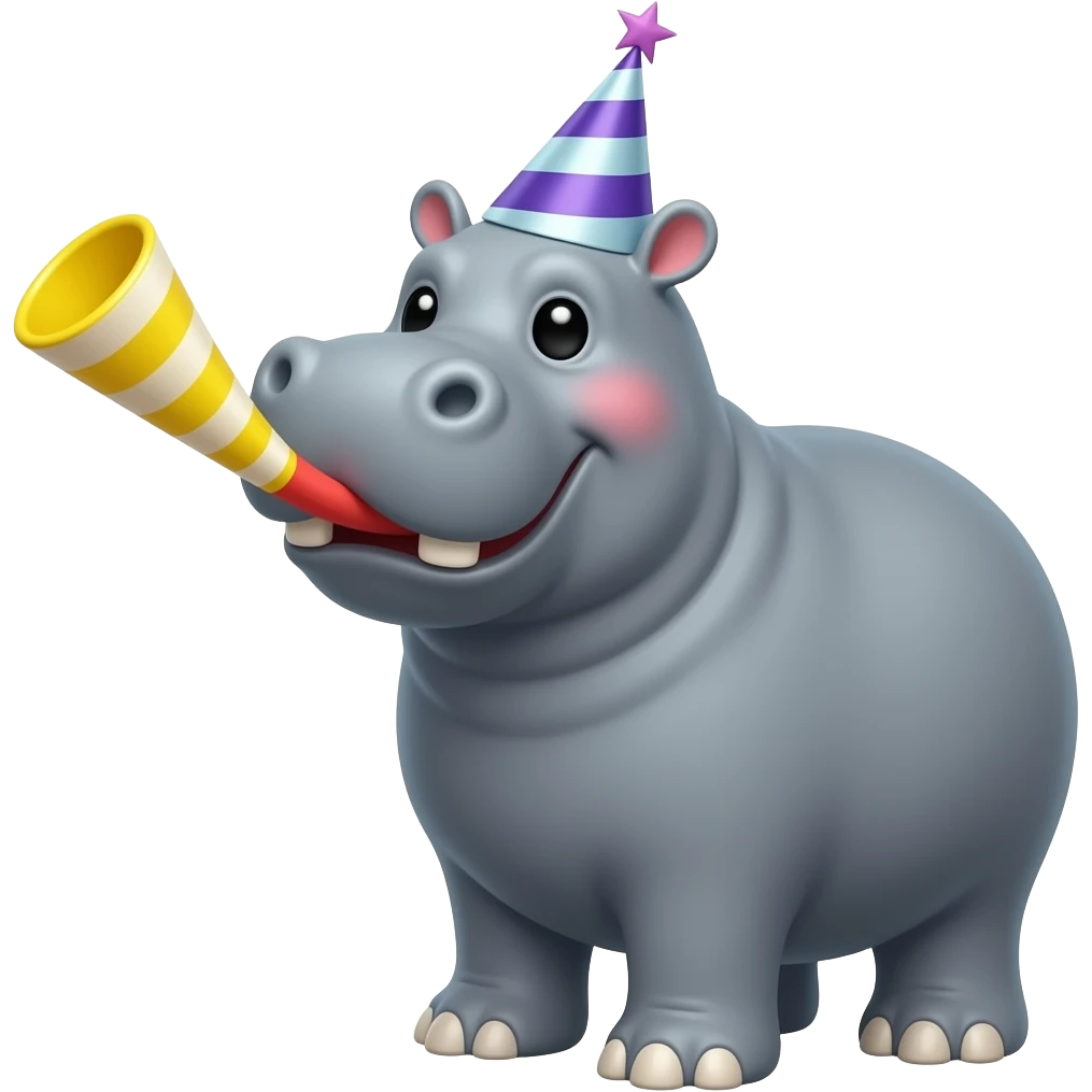 hippo on birthday in birthday festivities celebrating party blower in mouth thing emoji
