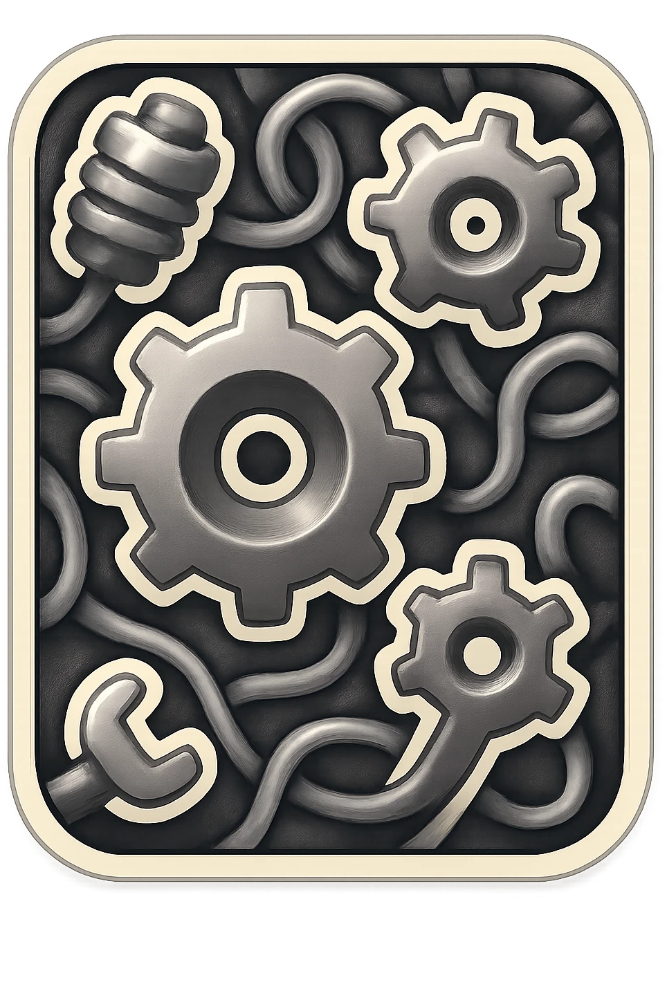 Dense, swirling greyscale card back of gears, wires, and mechanical forms in emoji style, no color, only shades of grey. emoji