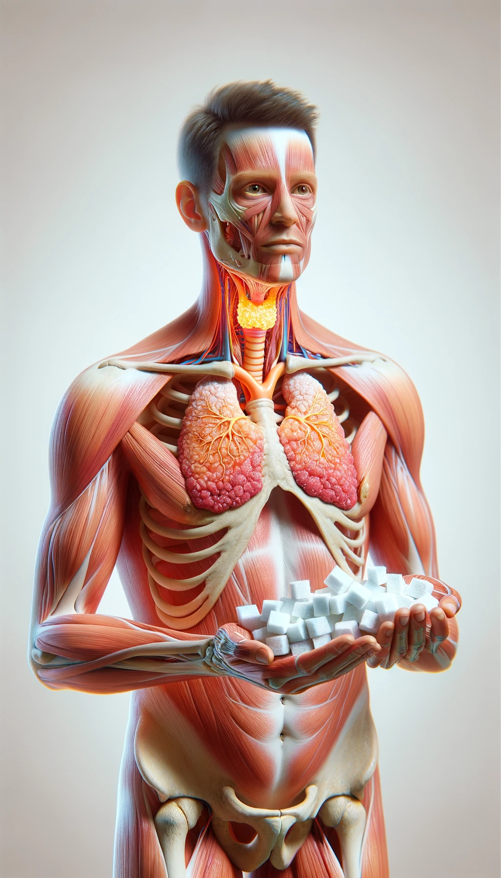 corpo umano anatomico con capelli corti a figura intera fino alle ginocchia, tiroide infiammata in evidenza, tiene in mano una manciata di zollette di zucchero, iperrealistica 4k, isolato su sfondo bianco emoji