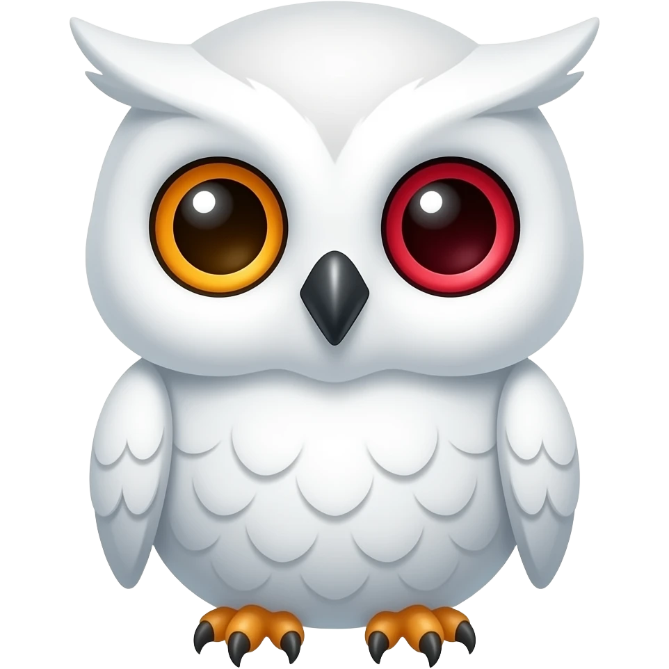 Cute kawaii baby white owl with one orange eye, and one red eye emoji