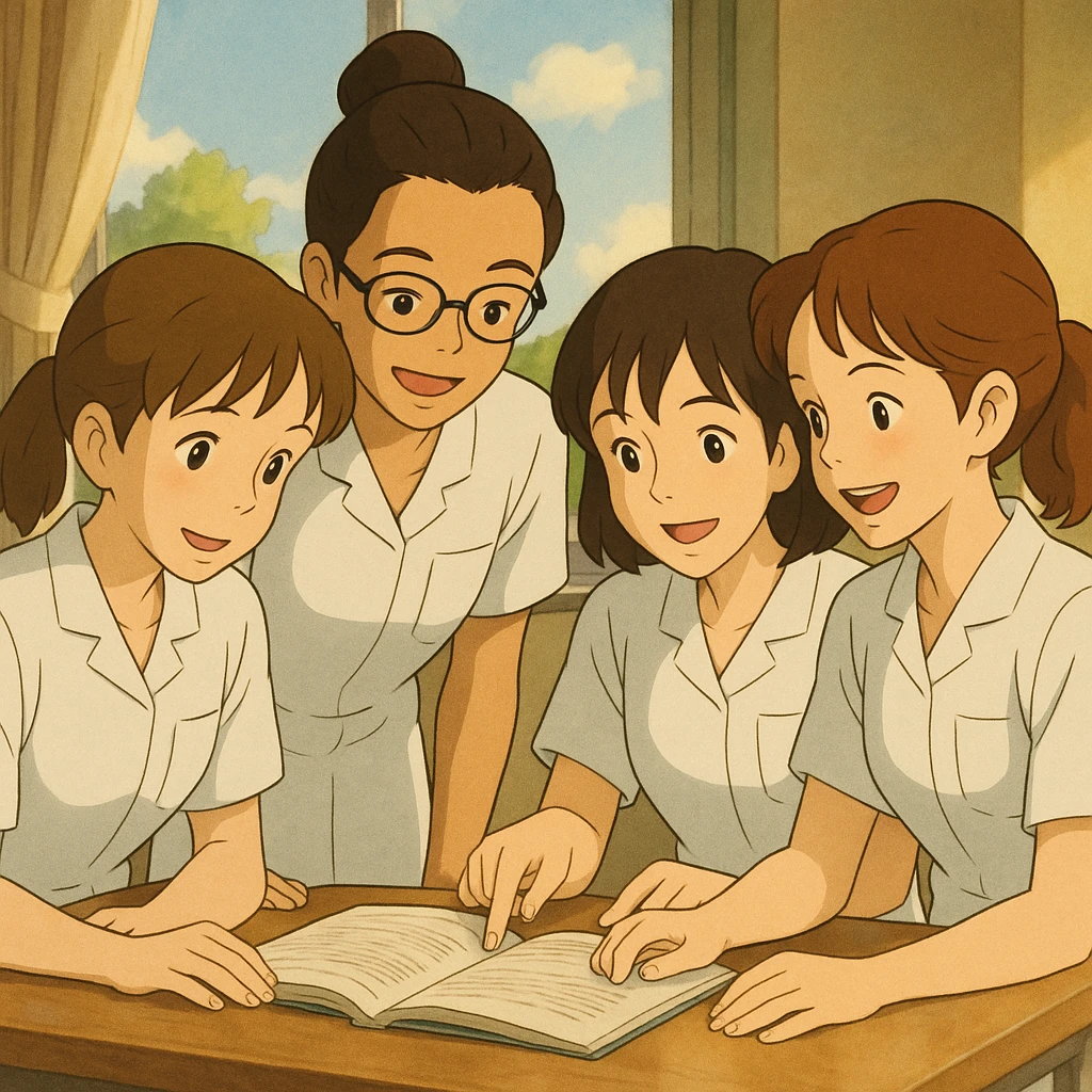 Four nursing students collaborating, Ghibli style, in short-sleeved white medical uniforms with V-neck collars, left chest pockets, no stand-up collars, no stethoscopes, clean sleeves. Character traits inspired by four provided photos. emoji