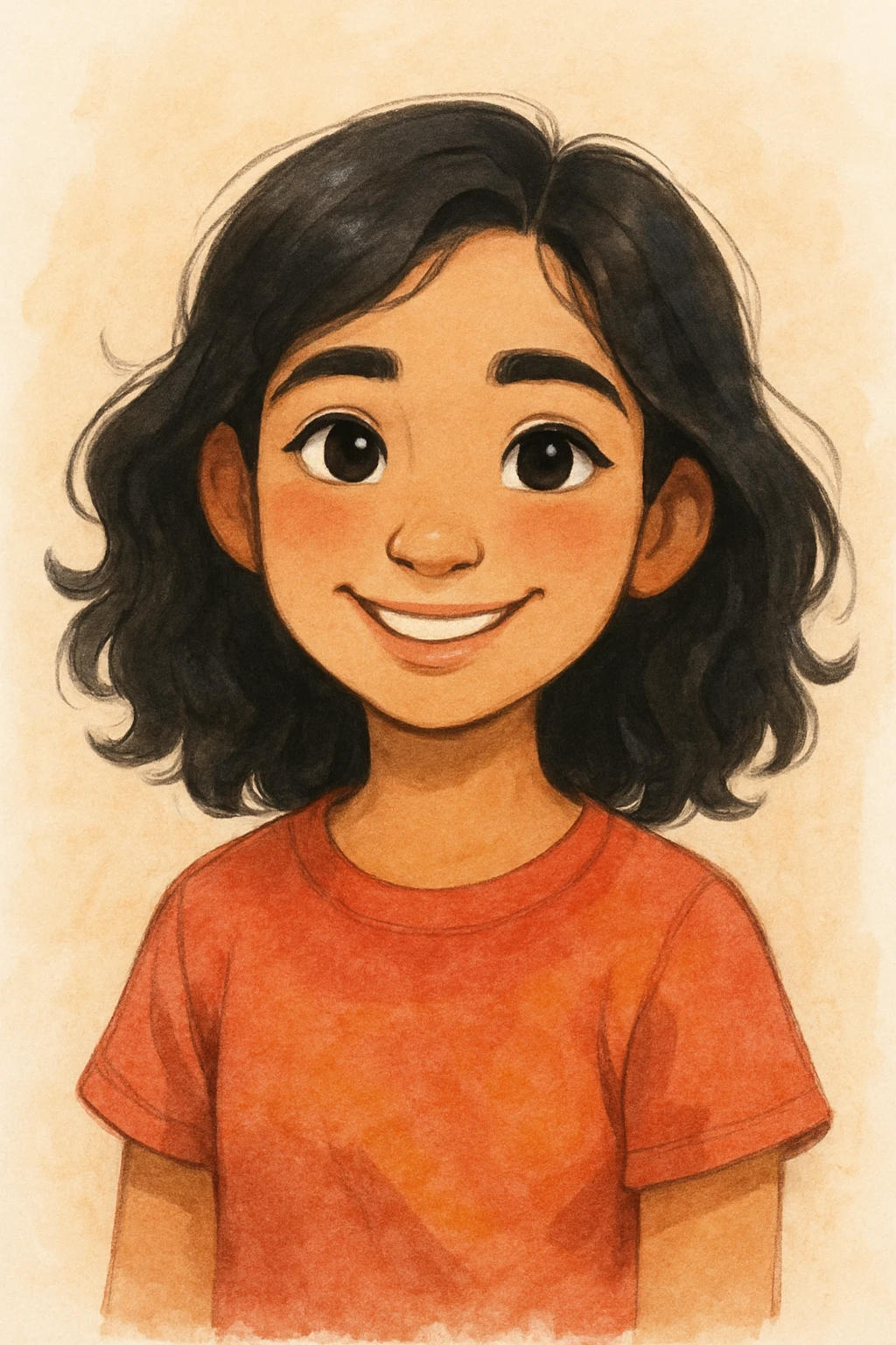 a girl with olive skin, black wavy shoulder-length hair, and dark brown eyes, in a friendly and appealing style emoji