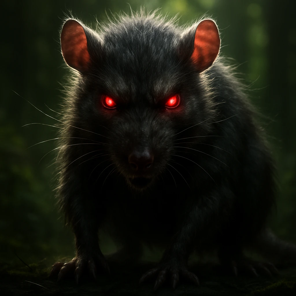 Create a terrifying rat in a hyper-realistic, soft, detailed, and glowing art style with dramatic lighting and a forest background, matching the style of the reference image. emoji