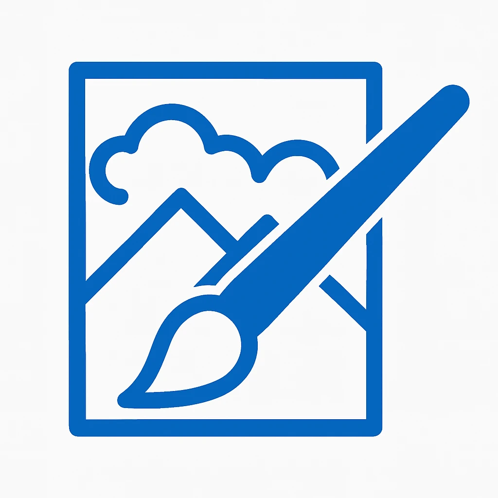 Create a Paint.NET inspired icon in a flat blue and white style. Keep the paintbrush and landscape elements visible but simplify the design further for minimalism. No text included. emoji