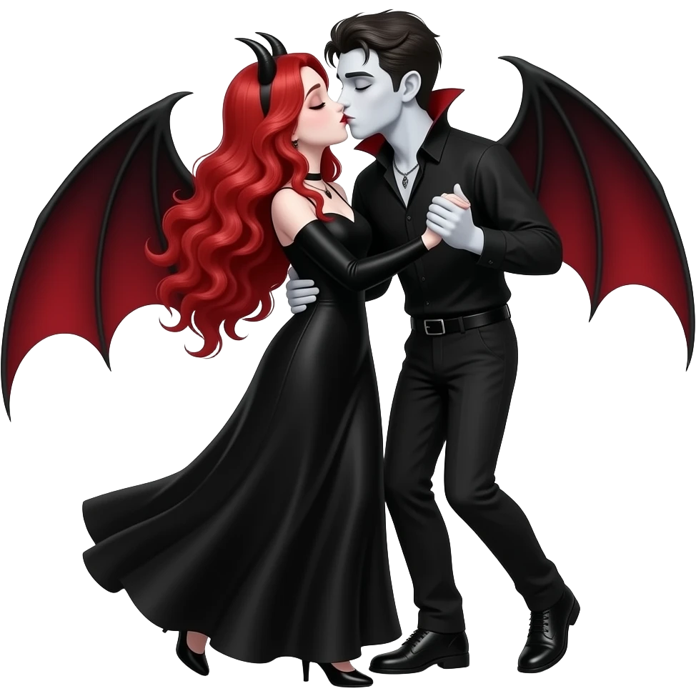 Vampiro femmina ADOLESCENTE con pelle bianca e capelli rosso ondulati lunghi che indossa un vestito nero LUNGO con le maniche lunghe che balla con il suo ragazzo VAMPIRO ADOLESCENTE con la pelle bianca e le scarpe nere e si baciano emoji