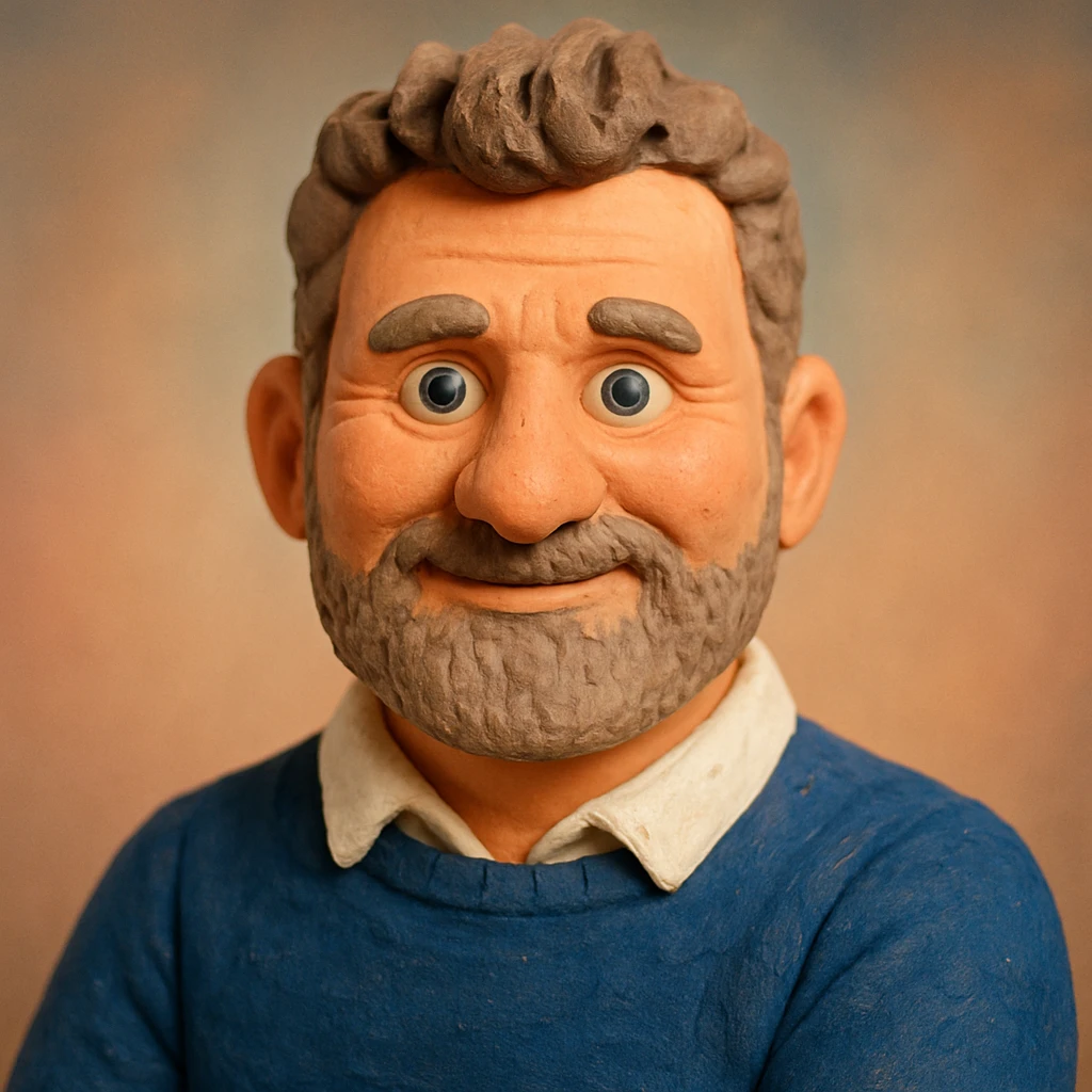 Create a third more colorful claymation-style portrait emoji based on this person, vibrant pastel tones, friendly expression, visible clay texture, head and shoulders only. emoji