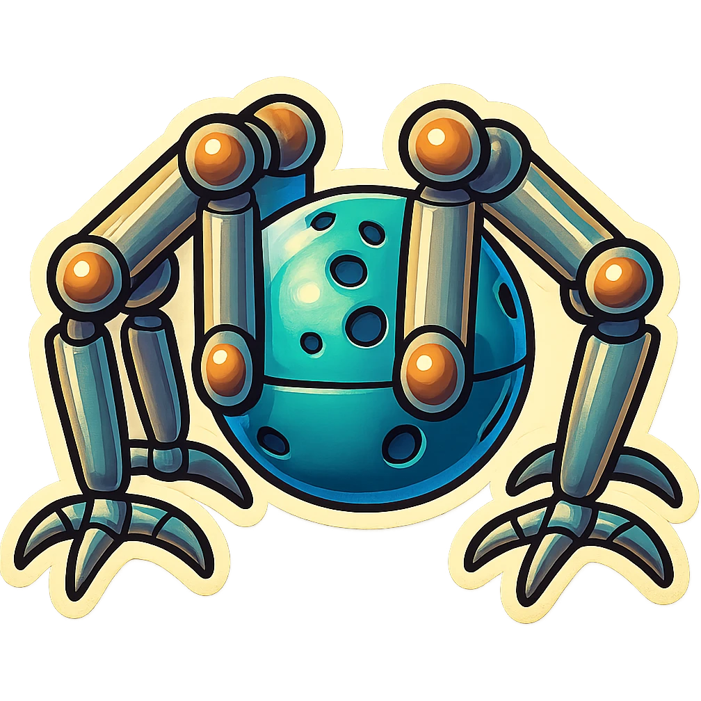 symmetrical 4 legged robot. center sphere with 4 evenly spaced legs. 1 leg extends from each side at sphere's equator emoji
