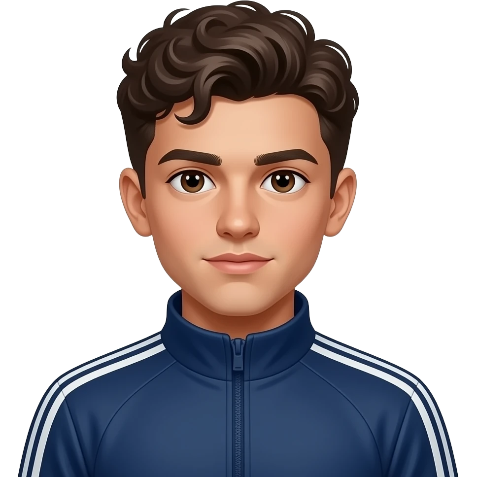 16 year old Boy,Slightly tanned complexion, dark brown curls, dark blue Trainingjacket,very Light flut, small lips, dark brown eyes, small nose, medium ears,bosnian emoji