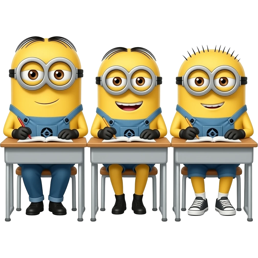 3 despicable me minions doing school work that look like bob, kevin, and stuart but as girls emoji