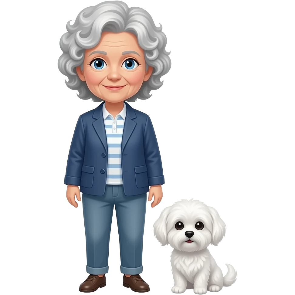 Elder woman curly hair blue eyes standig with a white Maltese dog emoji