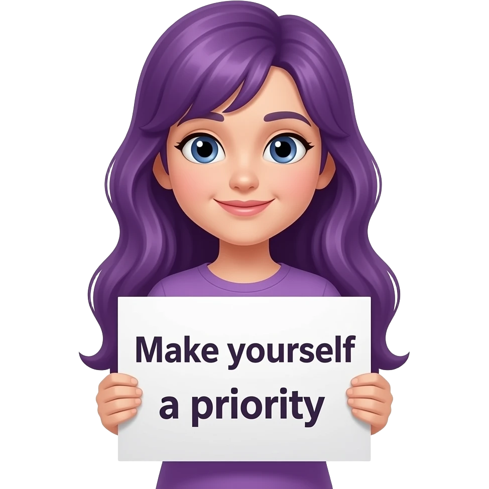 girl with long purple hair holding a REMINDER Make yourself priority sign emoji