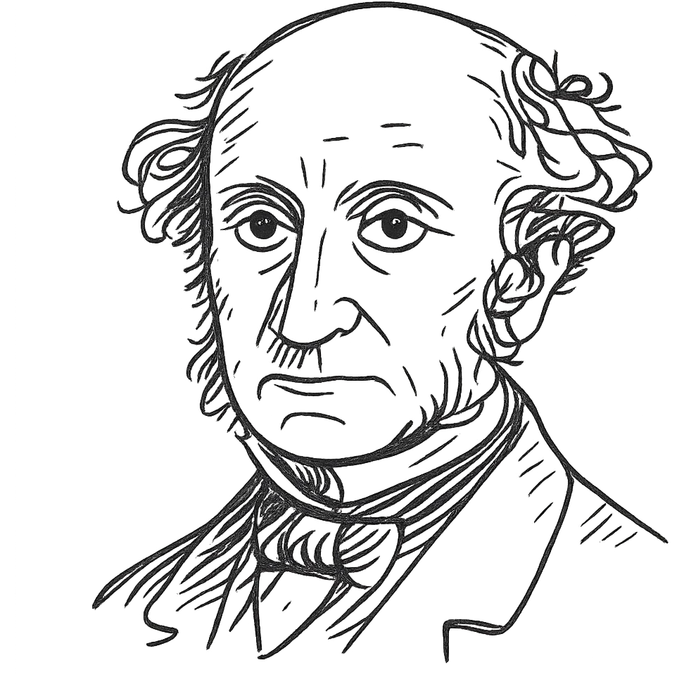 a hand drawn black outline portrait of philosopher John Stuart Mill with similar-sized eyes based a famous portrait of him emoji