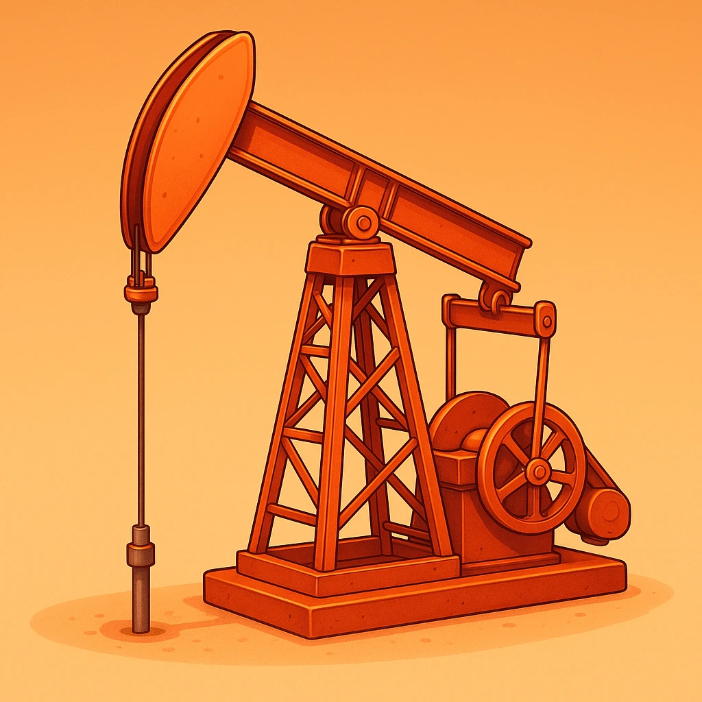 Сгенерируй мне нефтекачалку в мультяшный реалистичный стиль, мягкий тёплый свет, чистые контуры, детализировано, гладкая цифровая отрисовка, оранжево-красная цветовая палитра. На однородном фоне  emoji