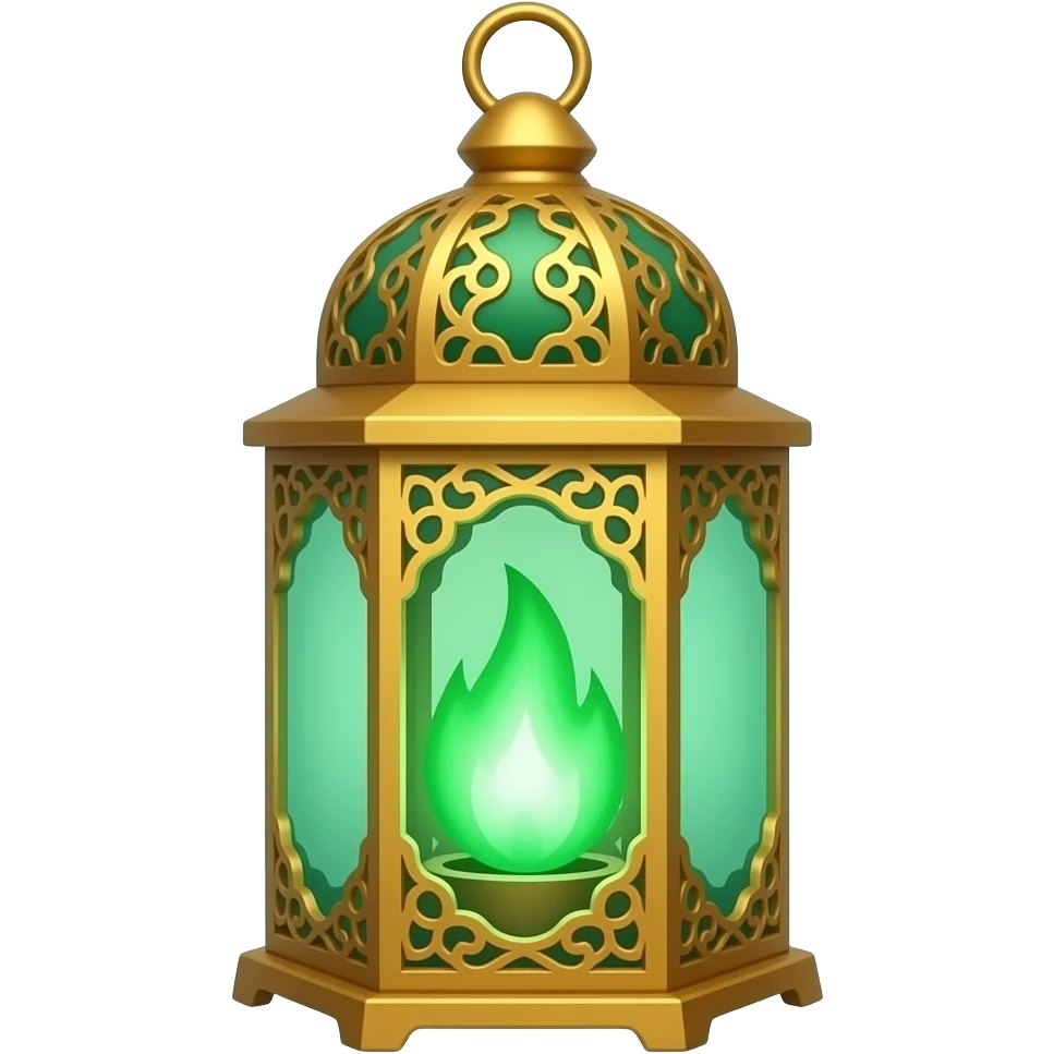 A golden hanging lantern with a bright emerald green flames, an empty loop on top, fae filigree themed, but simple focus more on the green flames, paint the glass more green emoji