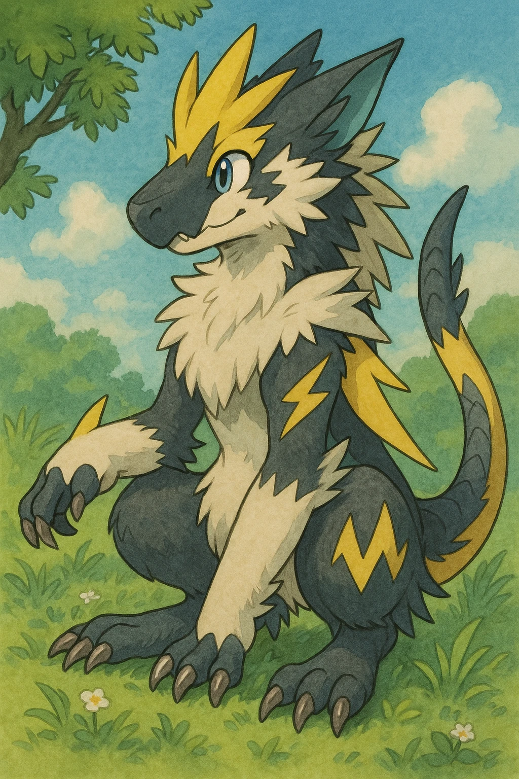 Sergal-Protogen-Trico-Zeraora-Vernid-fusion-hybrid-creature, drawn in a Pokémon/Digimon style emoji