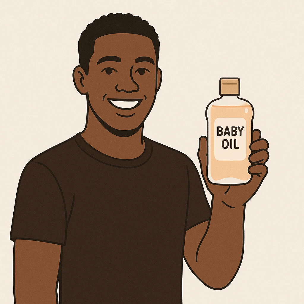 A Black man smiling and holding baby oil, minimal background, modern style emoji