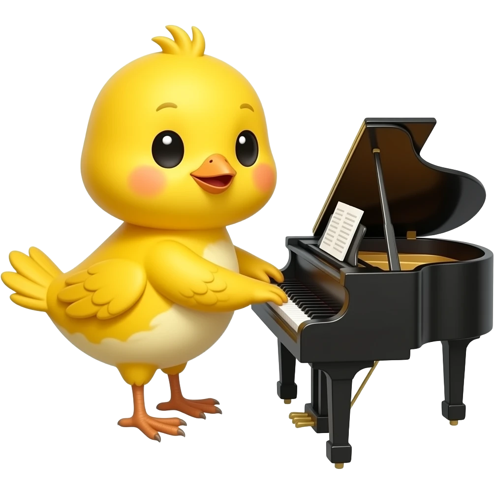 lovable small yellow bird playing a small piano. the image must be a transparent .png emoji